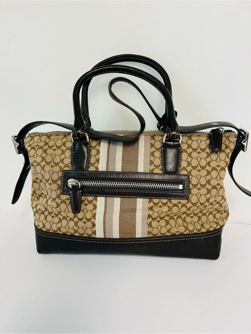 Coach NWT M1320-29622E Retired Striped East/West Satchel Leather Trim Bag